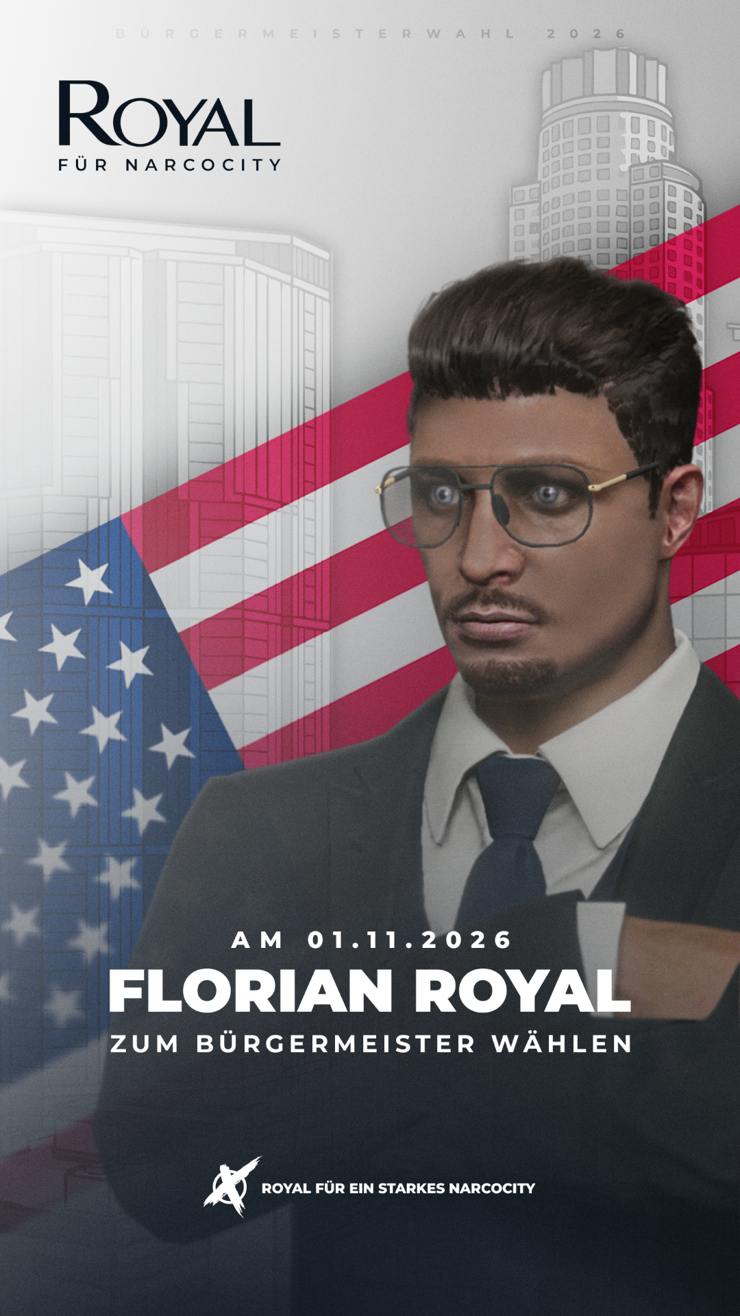 Wahlplakat von Florian Royal: Bürgermeisterwahl 2026 – am 01.11.2026 Florian Royal zum Bürgermeister wählen